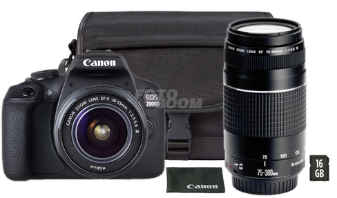 EOS 2000D + 18-55mm f/3.5-5.6 DC III + 75-300mm f/4-5.6 DC-III EF + SDHC 16Gb 80Mb/s + Bolsa EOS 2000D + 18-55mm f/3.5-5.6 DC III + 75-300mm f/4-5.6 DC-III EF + SDHC 16Gb 80Mb/s + Bolsa