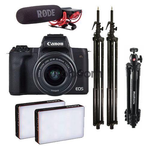 EOS M50 Mark + 15-45mm f/3,5-6,3 IS STM + 2xMC RGBWW Mini LED + 2xL-30L + Videomic Rycote + Trípode