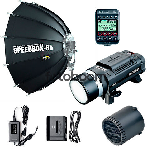 B500 TTL + B-Control para Fuji + Speedbox 85 + B-02 + Power Pack 220V-AC + Cargador + BR-80